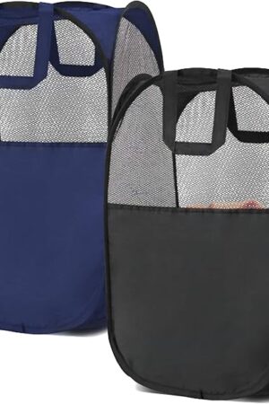 2 pop-up foldable mesh laundry baskets (each with 2 reinforced handles), black + blue…