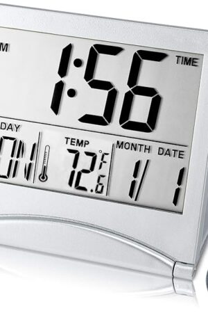 Digital Travel Alarm Clock Battery Operated, Portable Large Number Display Alarm Clock with Temperature,12/24 H Small Desk Clock -Silver (NO Light)
