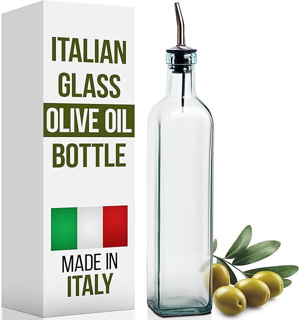 EHOMEA2Z Italian Glass Olive Oil Dispenser Bottle - 16 Oz (473ml) | with Stainless Steel Spout | Slight Green Tint | Oil and Vinegar Cruet | for Kitchen