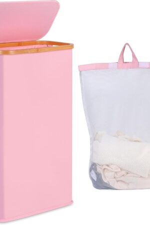 60L Slim Laundry Hamper, Narrow Laundry Basket with Lid,Foldable Clothes Hamper with Bamboo Handles,Hamper Basket with Removable Inner Bag for Laundry Room Bedroom College Dorm,15.85 Gals Pink