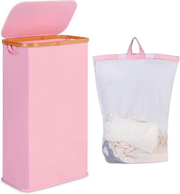 60L Slim Laundry Hamper, Narrow Laundry Basket with Lid,Foldable Clothes Hamper with Bamboo Handles,Hamper Basket with Removable Inner Bag for Laundry Room Bedroom College Dorm,15.85 Gals Pink