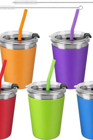 5Pack Kids Cups with Straws & Lids, 12oz Spill Proof Stainless Steel | Colorful Silicone Sleeves | Unbreakable | Water Tumblers for Cold & Hot Drinks | Toddler Straw Cups