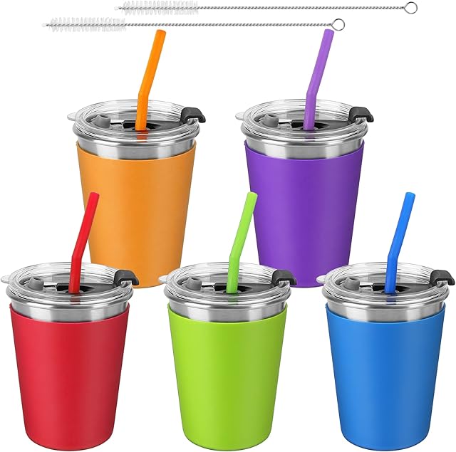 5Pack Kids Cups with Straws & Lids, 12oz Spill Proof Stainless Steel | Colorful Silicone Sleeves | Unbreakable | Water Tumblers for Cold & Hot Drinks | Toddler Straw Cups