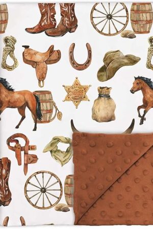 Western Cowboy Baby Blanket for Boys, Horse Theme Toddler Soft Minky Blanket with Double Layer Dotted Backing, Nursery Newborn Baby Crib Receiving My First Rodeo, 30"x40"