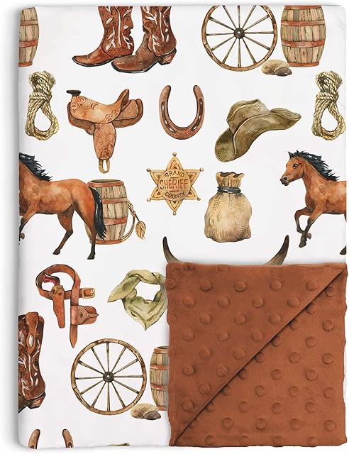 Western Cowboy Baby Blanket for Boys, Horse Theme Toddler Soft Minky Blanket with Double Layer Dotted Backing, Nursery Newborn Baby Crib Receiving My First Rodeo, 30"x40"