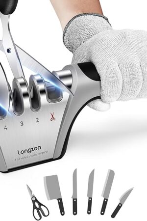 4-in-1 Knife Sharpener [4 Stage] with a Pair of Cut-Resistant Glove, Original Premium Polish Blades, Best Kitchen Knife Sharpener Really Works for Fruit Knife and Steel Knives, Scissors
