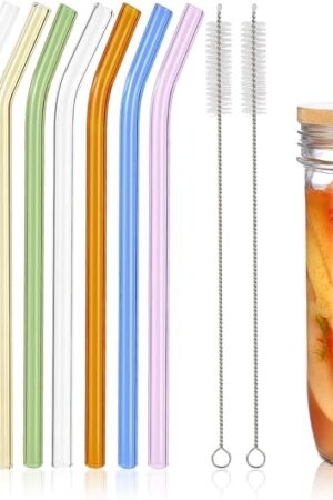 10 Pcs Reusable Bent Glass Drinking Straws,9''x10 mm Colorful Glass Straws for Beverages, Shakes, Milk Tea, Juices,Set of 10 Bent with 2 Cleaning Brushes -Shatter Resistant