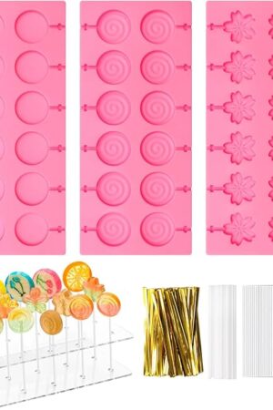 304Pcs Silicone Lollipop Molds Kit - Pink Lollipop Candy Molds with 15 Holes, Acrylic Stand, 100P Sticks, Bags, Ties