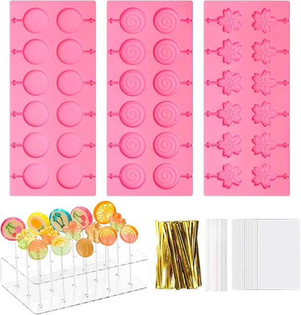 304Pcs Silicone Lollipop Molds Kit - Pink Lollipop Candy Molds with 15 Holes, Acrylic Stand, 100P Sticks, Bags, Ties