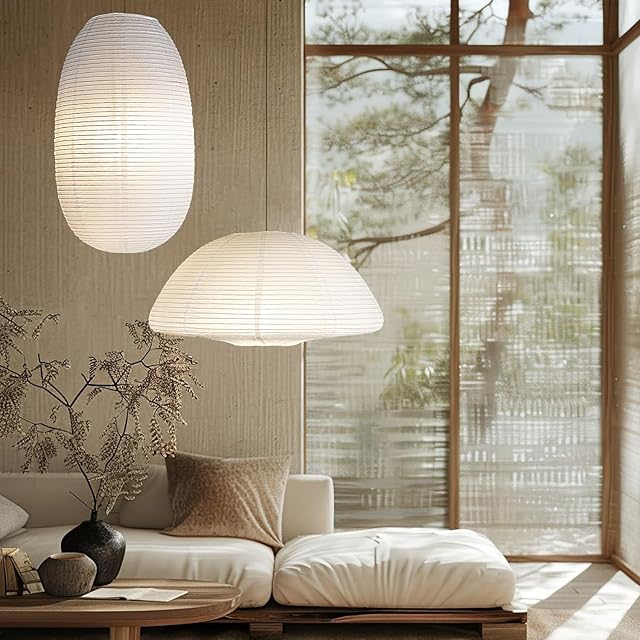 White Paper Lanterns 19+21inch 2PCS Large Rice Paper Lamp Shade Hanging Semicircular and Elliptical Pendant Light Shade Chinese Lantern for indoor bedroom,living room.gift for her