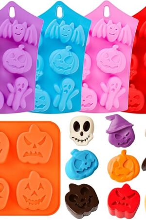 5 PCS Halloween Silicone Chocolate Molds, Pumpkin Bat Skull Ghost Shaped Cake Molds Non Stick Baking Pans for Chocolate, Candy, Cupcake, Muffin, Soap, Cake Decoration