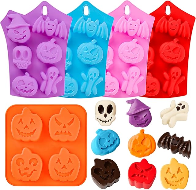 5 PCS Halloween Silicone Chocolate Molds, Pumpkin Bat Skull Ghost Shaped Cake Molds Non Stick Baking Pans for Chocolate, Candy, Cupcake, Muffin, Soap, Cake Decoration