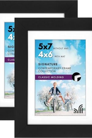 Americanflat 5x7 Picture Frame with Shatter-Resistant Glass - Set of 2 - Use as 4x6 Frame with Mat or Display 5x7 Photo Without Mat - Signature Collection - Picture Frames for Tabletop or Wall - Black