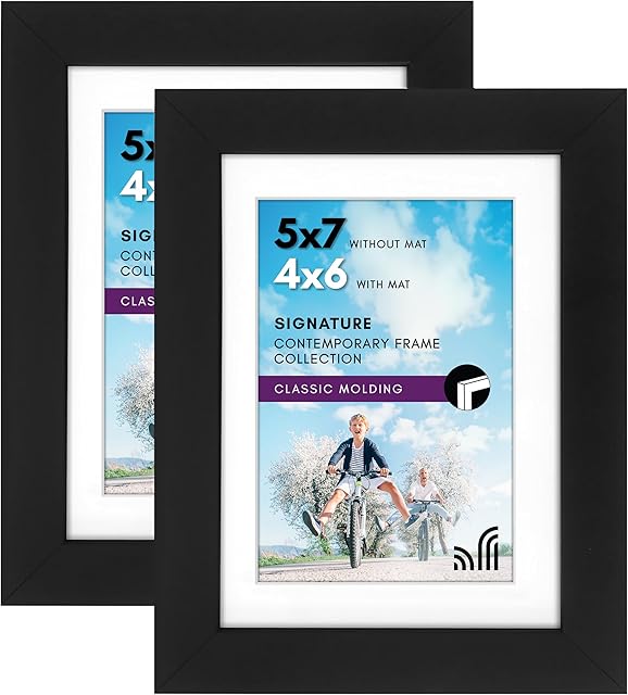 Americanflat 5x7 Picture Frame with Shatter-Resistant Glass - Set of 2 - Use as 4x6 Frame with Mat or Display 5x7 Photo Without Mat - Signature Collection - Picture Frames for Tabletop or Wall - Black