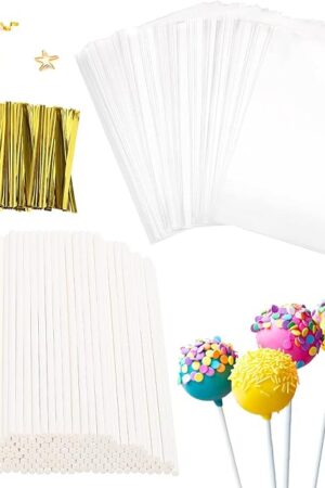 600 Pcs Cake Pop Sticks and Wrappers Kit, Including 6 Inch Paper Lollipop Sticks，4 x 6 Inches Clear Candy Treat Bags, Plastic Cake Pop Bags and Gold Twist Ties Chocolate Pops Making Accessories
