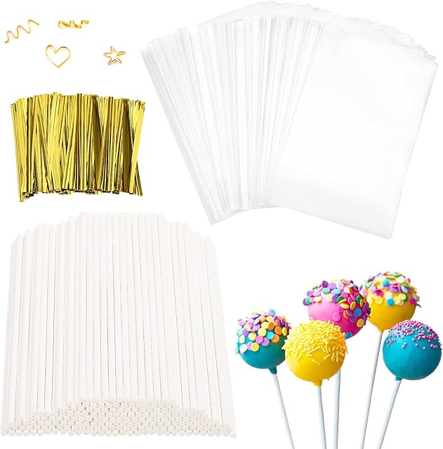 600 Pcs Cake Pop Sticks and Wrappers Kit, Including 6 Inch Paper Lollipop Sticks,4 x 6 Inches Clear Candy Treat Bags, Plastic Cake Pop Bags and Gold Twist Ties Chocolate Pops Making Accessories
