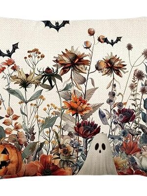 AVOIN colorlife Halloween Horror Wildflowers Throw Pillow Cover, 12 x 20 Inch Pumpkin Ghost Bat Cushion Case Decoration for Sofa Couch