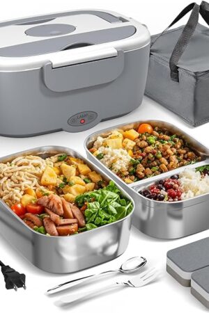 Electric Lunch Box for Adults - 80W Fast Heated Lunch Box for Men&Women with Dual 1.5L Stainless Steel Containers Fast Heating Portable Food Warmer for Car&Truck lonchera eléctrica portátil