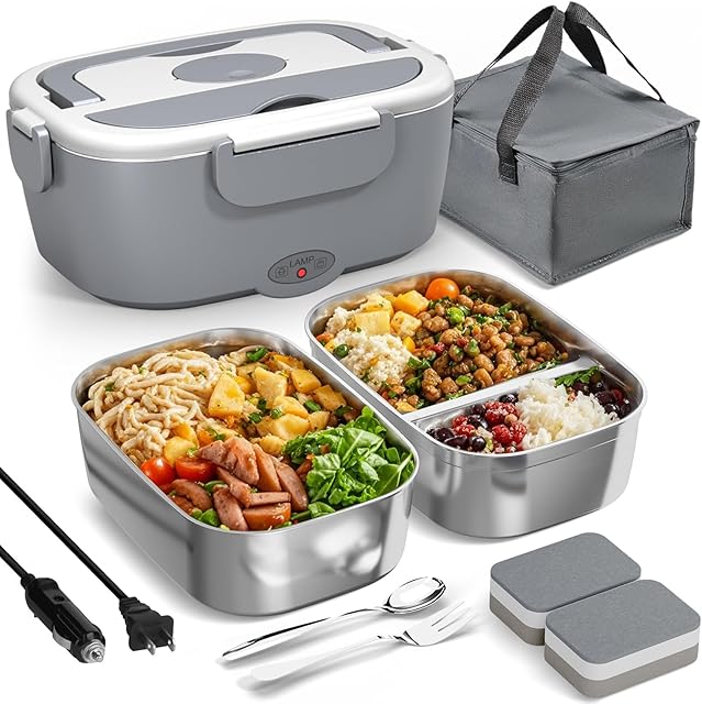 Electric Lunch Box for Adults - 80W Fast Heated Lunch Box for Men&Women with Dual 1.5L Stainless Steel Containers Fast Heating Portable Food Warmer for Car&Truck lonchera eléctrica portátil