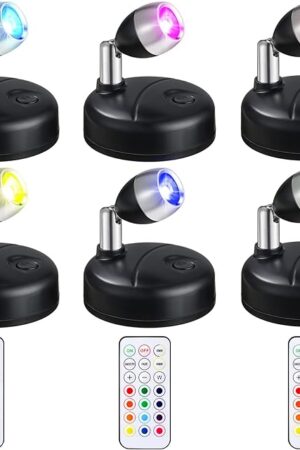 6 Pieces Battery Operated Spotlights Indoor LED Wireless Spotlight Indoor 13 Color up Lights with Rotatable Light Head Stick on Wall Hallway for Painting Picture Artwork Closet (Black)
