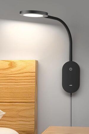 deeloop LED Wall Mounted Reading Light for Bed, Book Light for Wall Bedside Lamp with USB Output, 4 Hour Auto-Off Timer Lights，Eye-Caring Reading Lamp with 5 Dimmable 360° Gooseneck Headboard Light