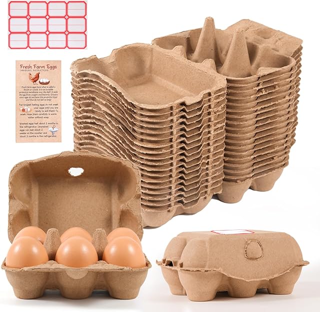 40 Pack Half Dozen Egg Cartons Bulk 6 Count, Empty Natural Paper Pulp Egg Cartons Reusable, Strong Sturdy Design Made from Natural Cardboard.