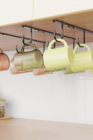 3 Pack Mug Hooks, Under Cabinet Coffee Mug Holder with 9 Hooks for Displaying Mugs, Cups and Kitchen Utensils, Black