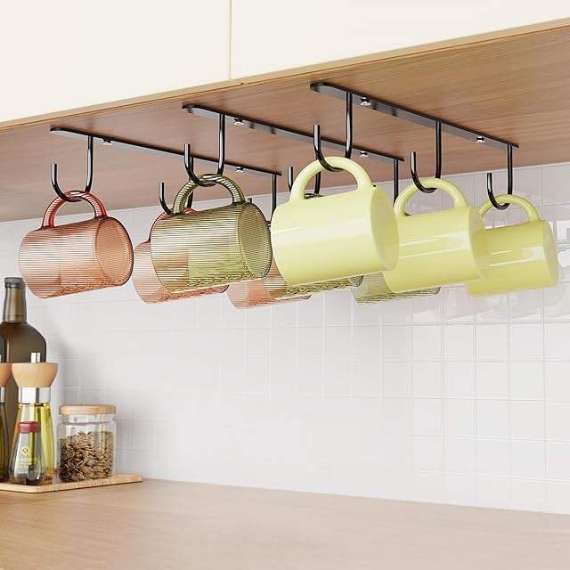 3 Pack Mug Hooks, Under Cabinet Coffee Mug Holder with 9 Hooks for Displaying Mugs, Cups and Kitchen Utensils, Black