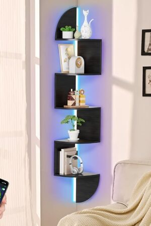 Corner Shelf, 5 Tier Bookshelf with LED Light, Corner Shelf Wall Mounted, Floating Shelves for Wall, Display Stand for Bedroom, Living Room, Bathroom, Home, Office, Black