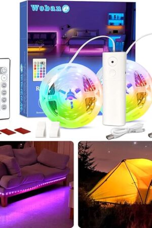 WOBANE 2PCS Rechargeable LED Strip Lights,Dimmable RGB Rope Lighting with Remote,Battery Operated Color Changing Light for Party,Shelf,Sofa,Desk,Game,Holiday,Indoor Decoration,2000mAH