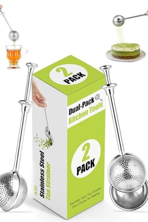 2PCS-Dual-Pack Kitchen Tools: Stainless Steel Tea Strainer & Flour Duster for Baking | Full-Hole Loose Tea Filter + Half-Scoop Design | 304 Steel Rust-Proof Dishwasher Safe，One-Handed Operation