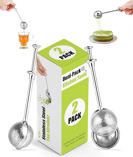 2PCS-Dual-Pack Kitchen Tools: Stainless Steel Tea Strainer & Flour Duster for Baking | Full-Hole Loose Tea Filter + Half-Scoop Design | 304 Steel Rust-Proof Dishwasher Safe,One-Handed Operation