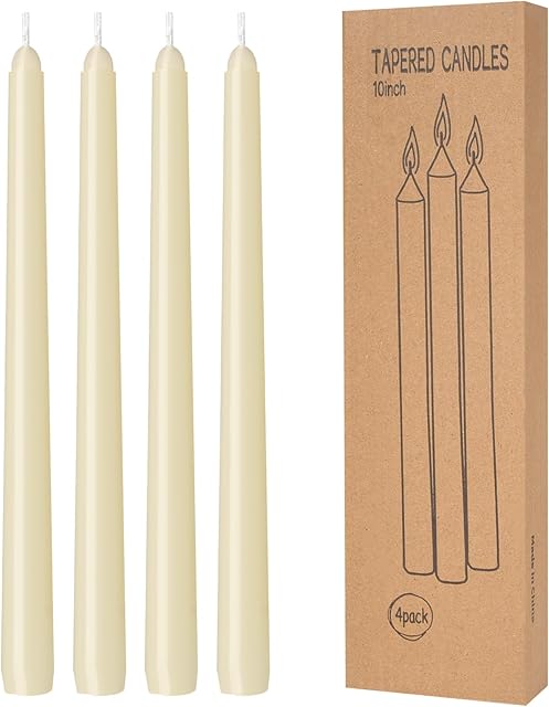 4 Pack Ivory Taper Candles - Taper Candles 10 Inch Dripless, Smokeless & Unscented - 8 Hours Long Burning - Hand Poured Tall Candlesticks - Ideal for Weddings, Dinner Parties, and Home Decor