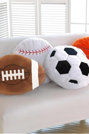 4 Pcs Sports Throw Pillows Fluffy Stuffed Soccer Ball Plush Pillow Baseball Throw Pillow Soft Stuffed Basketball Plush Pillows Football Shaped Plush Toy Sport Theme Cushion for Kids Room Decoration