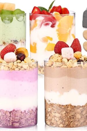 4 Pack Overnight Oats Containers with Bamboo Lids,16 Oz Glass Jars with Airtight Lids for Oats, Cereal, Yogurt, Chia Seed Pudding.Salad Jars Meal Prep