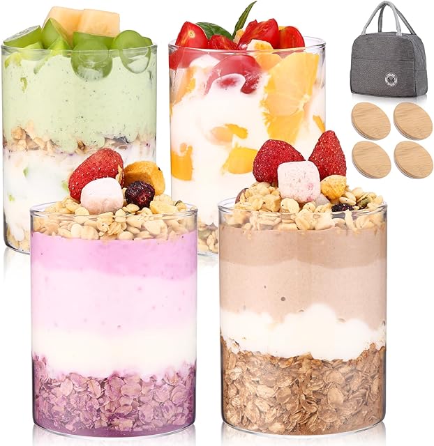 4 Pack Overnight Oats Containers with Bamboo Lids,16 Oz Glass Jars with Airtight Lids for Oats, Cereal, Yogurt, Chia Seed Pudding.Salad Jars Meal Prep