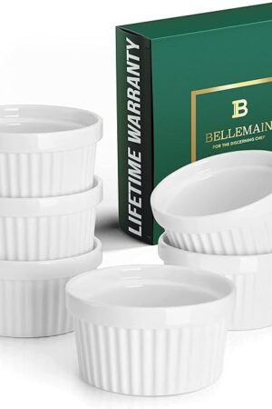 Bellemain Creme Brulee 4 oz Ramekins | Mini Casserole Dish Set, Charcuterie Bowls, Pot Pie Baking Dishes, Soy Sauce Bowls | Fluted Porcelain Bowls, Ramekins Oven Safe to 500F, Set of 6 (White)