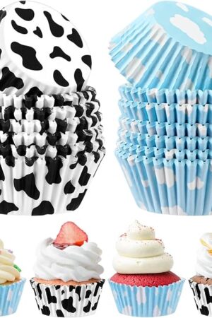Cunhill 300 Pcs Paper Baking Cups Include 150 Cloud Blue Cupcake Liners 150 Cow Print Cartoon Story Cupcake Topper for Cake Balls Muffins Toy Theme Birthday Baby Shower Party Supplies