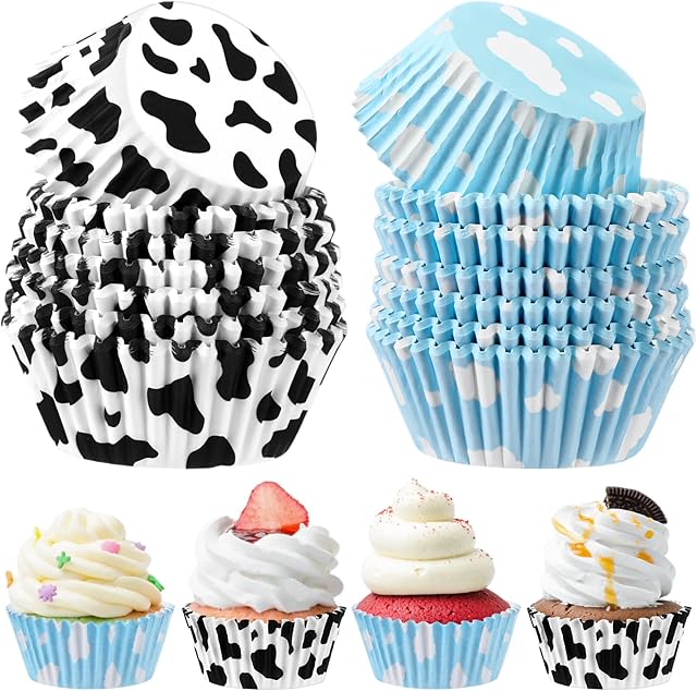 Cunhill 300 Pcs Paper Baking Cups Include 150 Cloud Blue Cupcake Liners 150 Cow Print Cartoon Story Cupcake Topper for Cake Balls Muffins Toy Theme Birthday Baby Shower Party Supplies