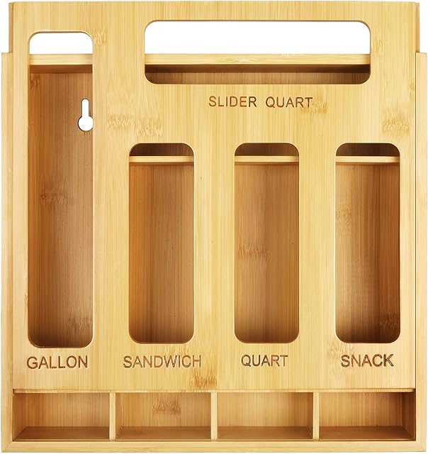 Plastic Bag Organizer for Drawer, Bamboo Food Storage Bags Container Organizer with Slider, Baggie Bags Storage for Drawer Compatible with Gallon, Sandwich Variety Size Bags