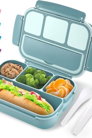 Bento Box Adult Lunch Box for Men Women, Bento Lunch Box for Kids Boys Girls School, Lunch Containers for Adults with 4 Compartments, Utensil Set, Sauce Container, Muffin Cup, Green