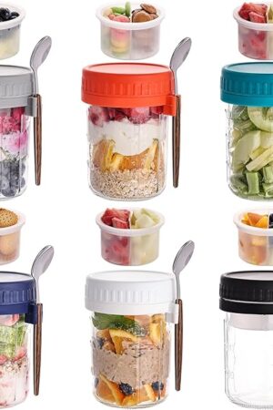 6 Pack Overnight Oats Containers with Lids and Spoons, 16 OZ Glass Mason Jars with Removable Separate Compartments, Airtight Leak Proof Oatmeal Container for Chia Pudding, Yogurt, Breakfast, Cereal