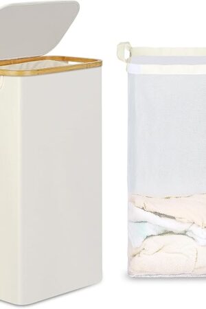 efluky Slim Laundry Basket with Lid, Narrow Laundry Hamper with Removable Bag, Skinny Dirty Clothes Basket with Bamboo Handles for Bathroom, Bedroom & Laundry Room, 75L Beige