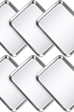 6 Pcs Baking Sheet Pan Set 9 x 6.7 x 1 inches Cookie Sheet Small Toaster Oven Pans Stainless Steel Tray Barbecue Grill Pan Rectangle Trays Oven, Non-stick, Easy Clean