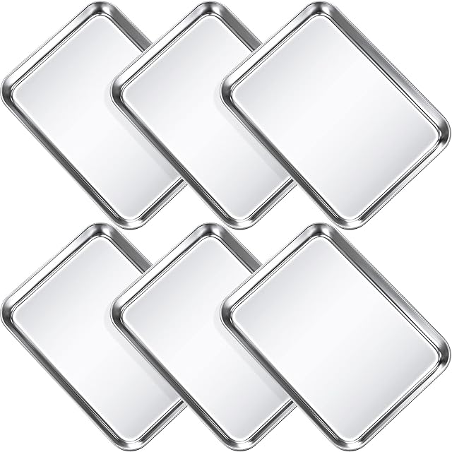 6 Pcs Baking Sheet Pan Set 9 x 6.7 x 1 inches Cookie Sheet Small Toaster Oven Pans Stainless Steel Tray Barbecue Grill Pan Rectangle Trays Oven, Non-stick, Easy Clean
