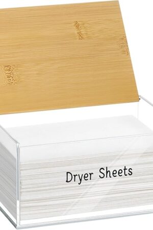 Acrylic Dryer Sheet Holder With Bamboo Lid - Dispenser and Container for Laundry Table - Clear Rectangular Tissue Box