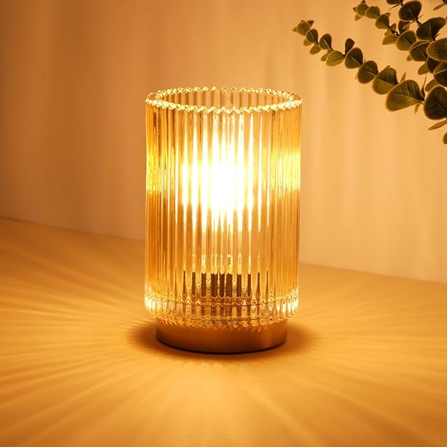 Battery Operated Lamp, Cordless Table Lamp with Timer, Desk Bedside Lamps with LED Warm Light, Glass Small Table Lamp for Bedroom, Bathroom, Living Room, Home Decor - Amber