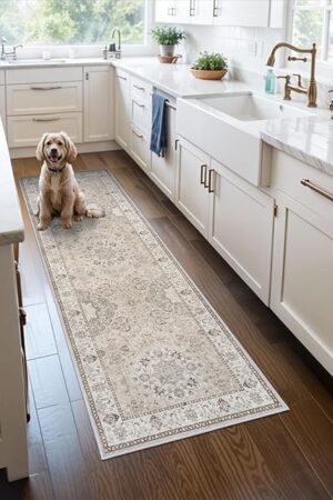 2x6 Hallway Washable Runner Rug : Vintage Soft Kitchen Laundry Runner with Non Slip Backing Farmhouse Entryway Living Room Floor Mat Stain Resistant Carpet for Bedroom Bathroom Distressed Beside Rug