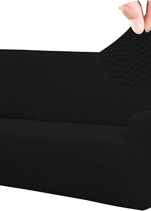 Easy-Going Stretch Jacquard Couch Cover, 1-Piece Soft Sofa Cover, Sofa Slipcover with Anti-Slip Foams, Washable Furniture Protector for Kids, Pets (Sofa, Black)