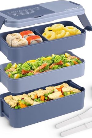 Bento Box Adult Lunch Box, Stackable 3 Layers Lunch Containers for Kids, Portable Bento Lunch Box with Utensils, 44 Oz/5 Cup, Blue